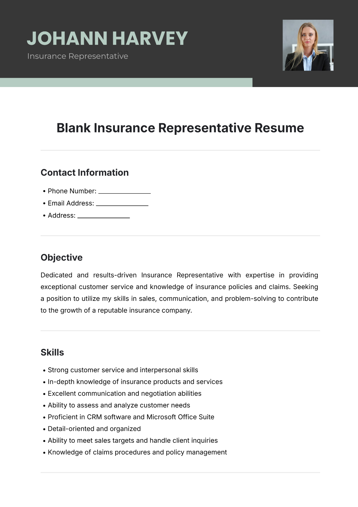 Blank Insurance Representative Resume Template - Edit Online & Download