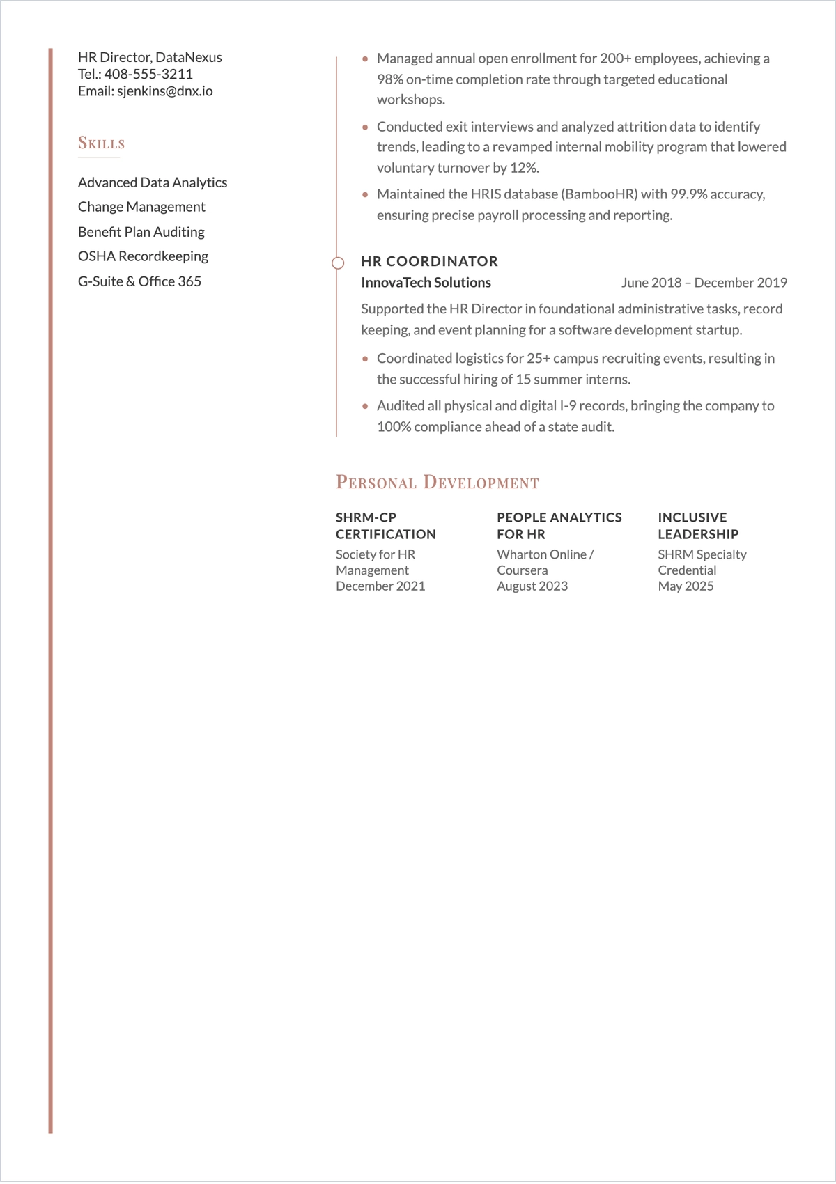 Free HR Representative ATS Resume Template, AI Resume Builder