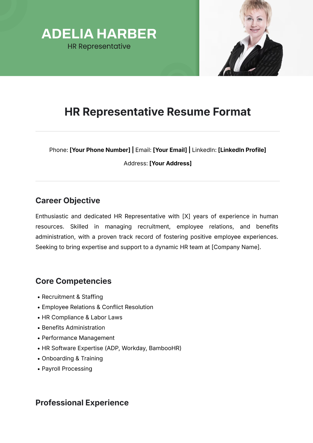 HR Representative Resume Format Template - Edit Online & Download