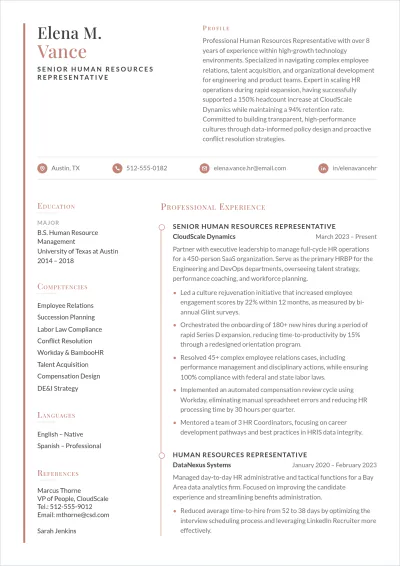 Free HR Representative ATS Resume Template, AI Resume Builder