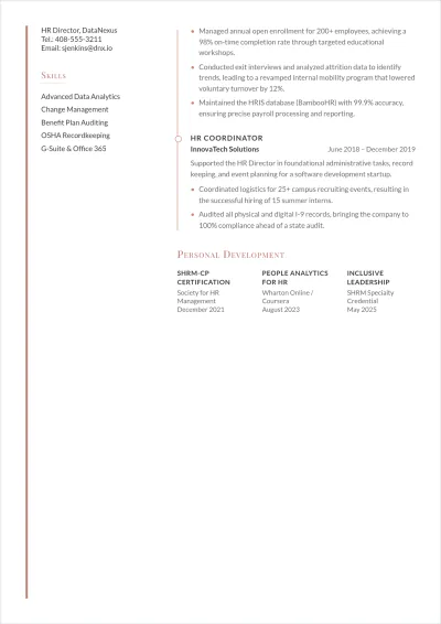 Free HR Representative ATS Resume Template, AI Resume Builder