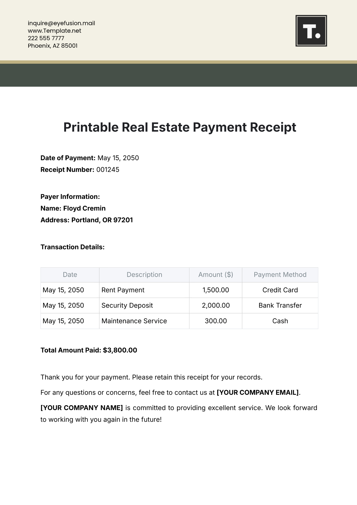 Printable Real Estate Payment Receipt Template - Edit Online & Download