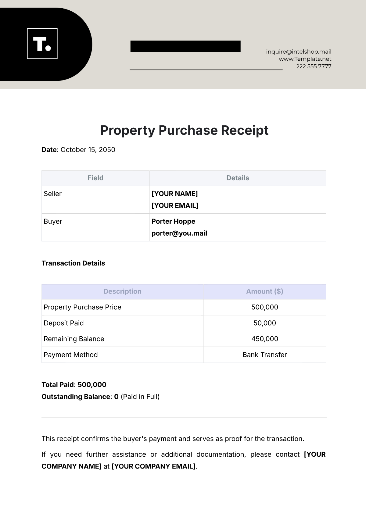 Property Purchase Receipt Template - Edit Online & Download