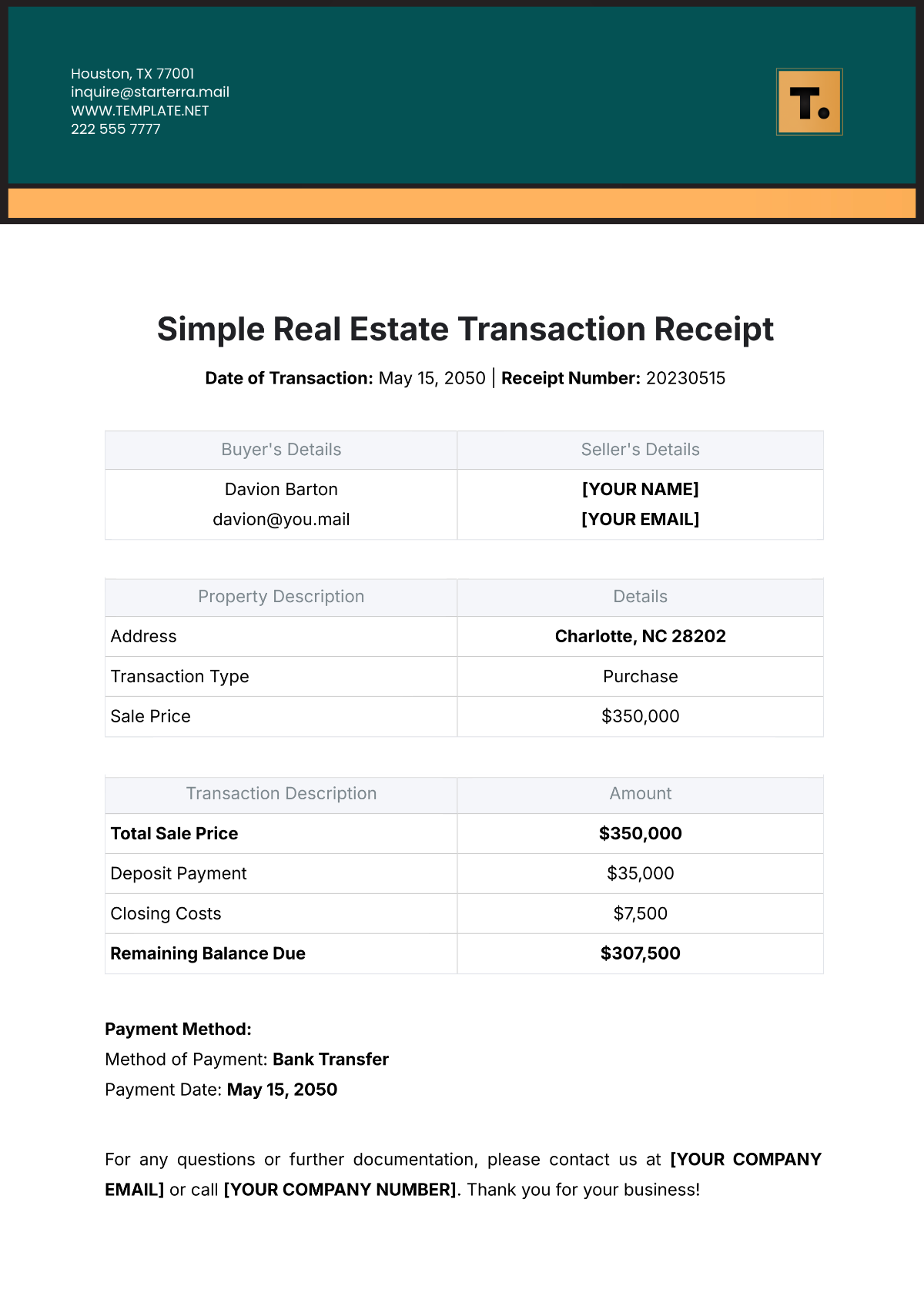 Simple Real Estate Transaction Receipt Template - Edit Online & Download