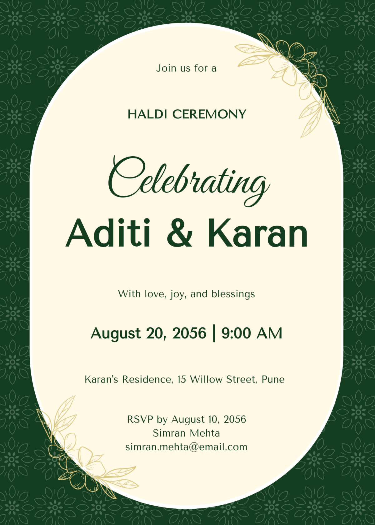 Green and White Haldi Ceremony Invitation Template - Edit Online & Download