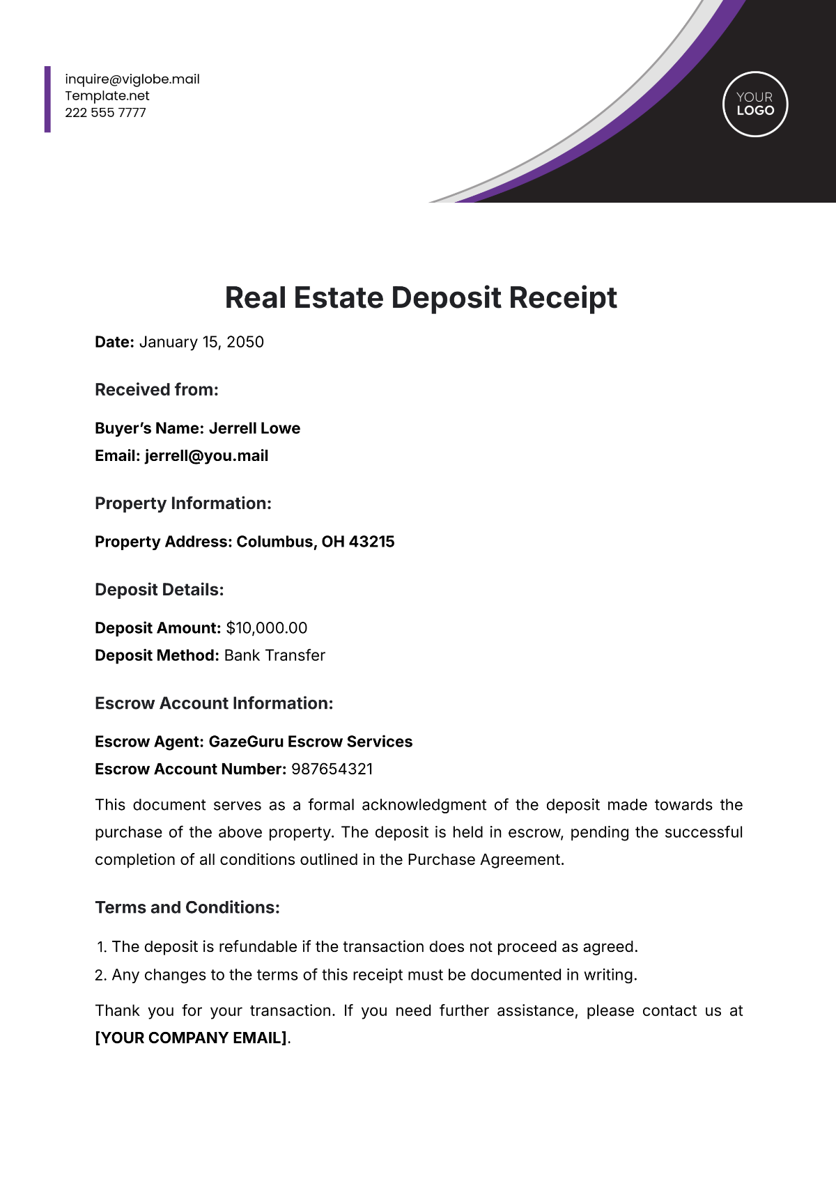 Real Estate Deposit Receipt Template - Edit Online & Download