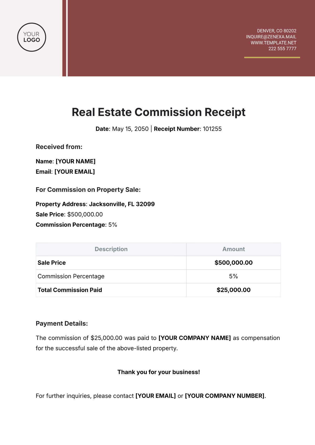 Real Estate Commission Receipt Template - Edit Online & Download