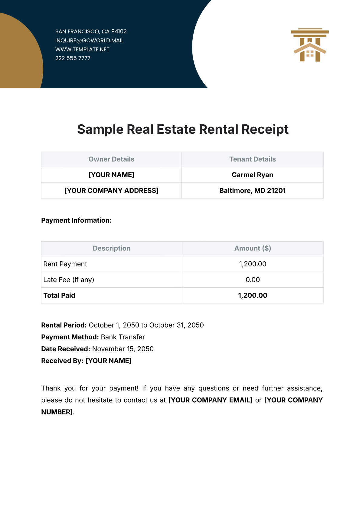 Sample Real Estate Rental Receipt Template - Edit Online & Download