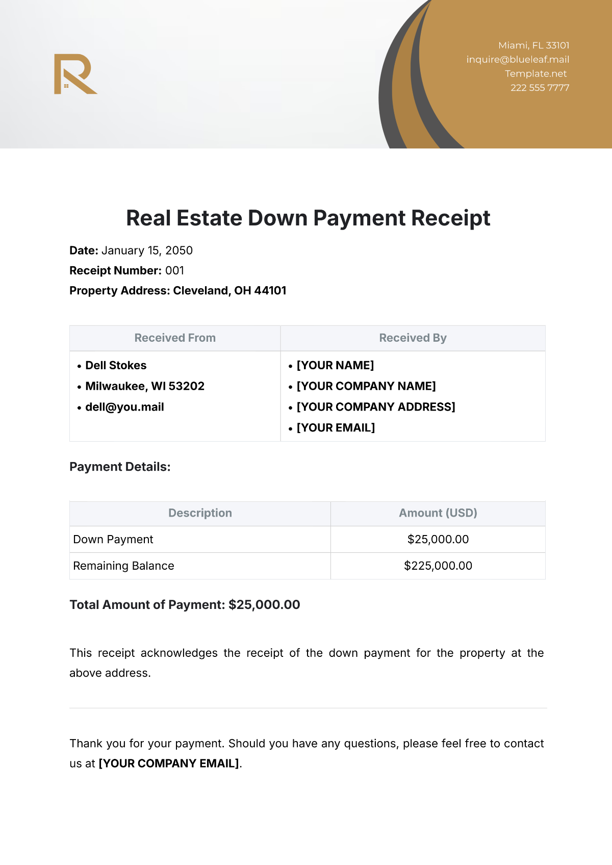 Free Real Estate Down Payment Receipt Template - Edit Online & Download ...