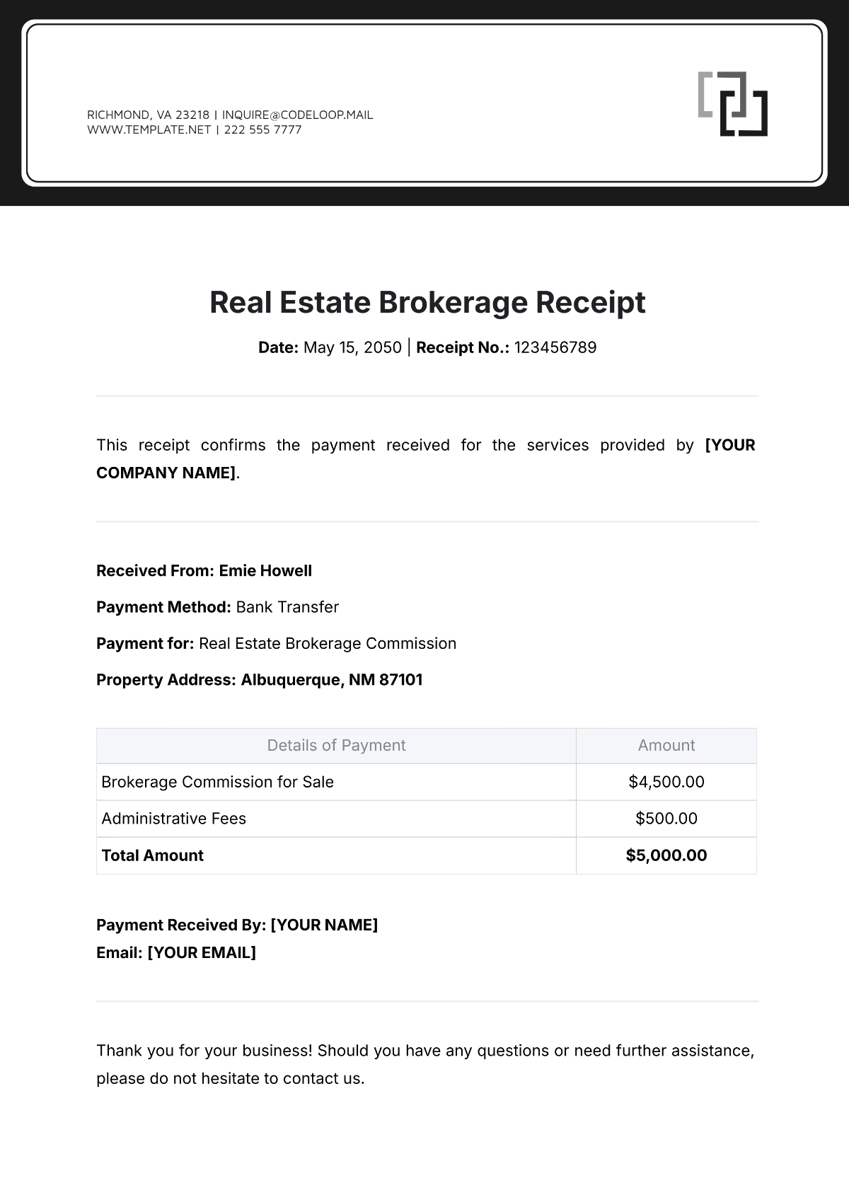 Real Estate Brokerage Receipt Template - Edit Online & Download