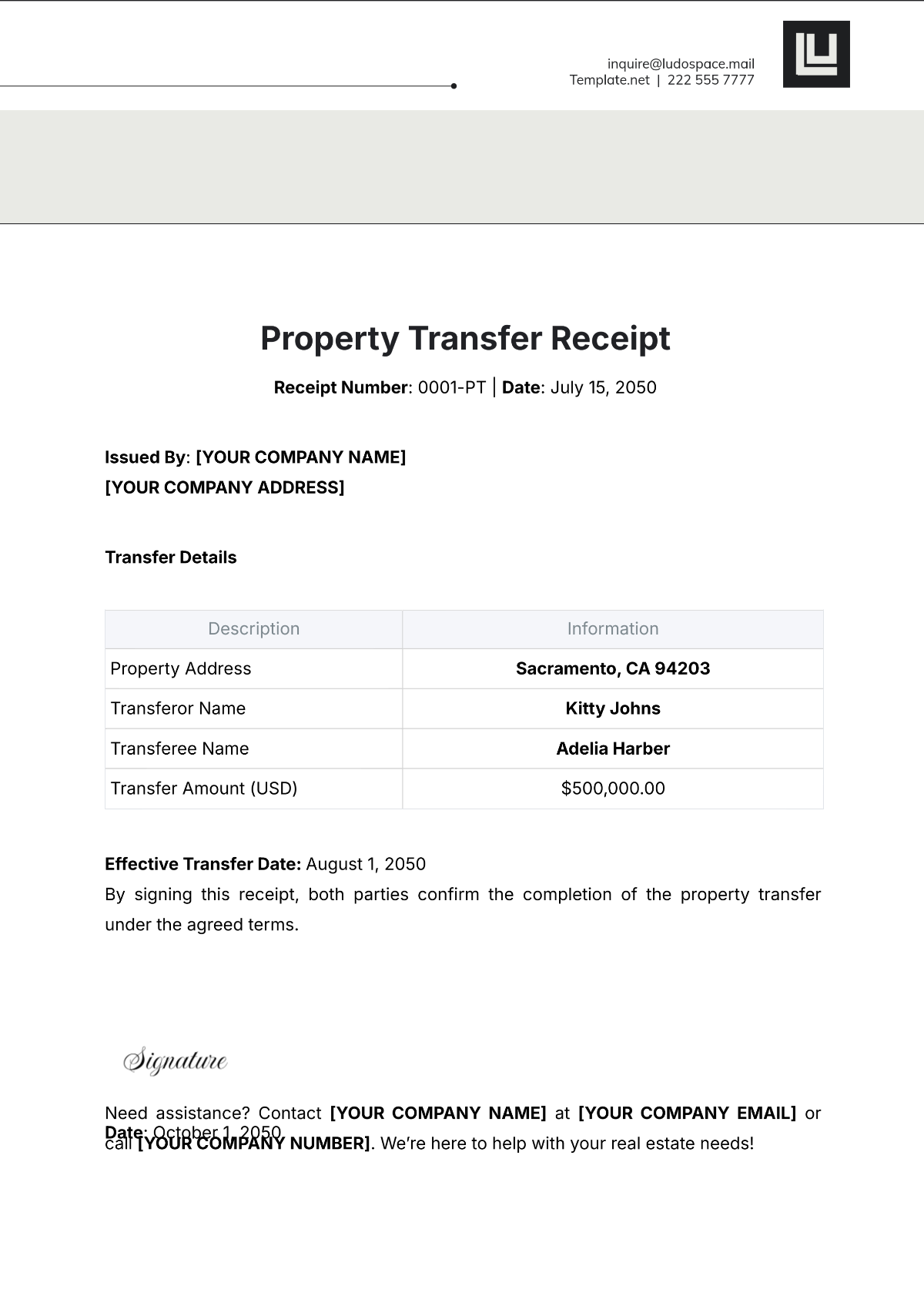 Property Transfer Receipt Template - Edit Online & Download