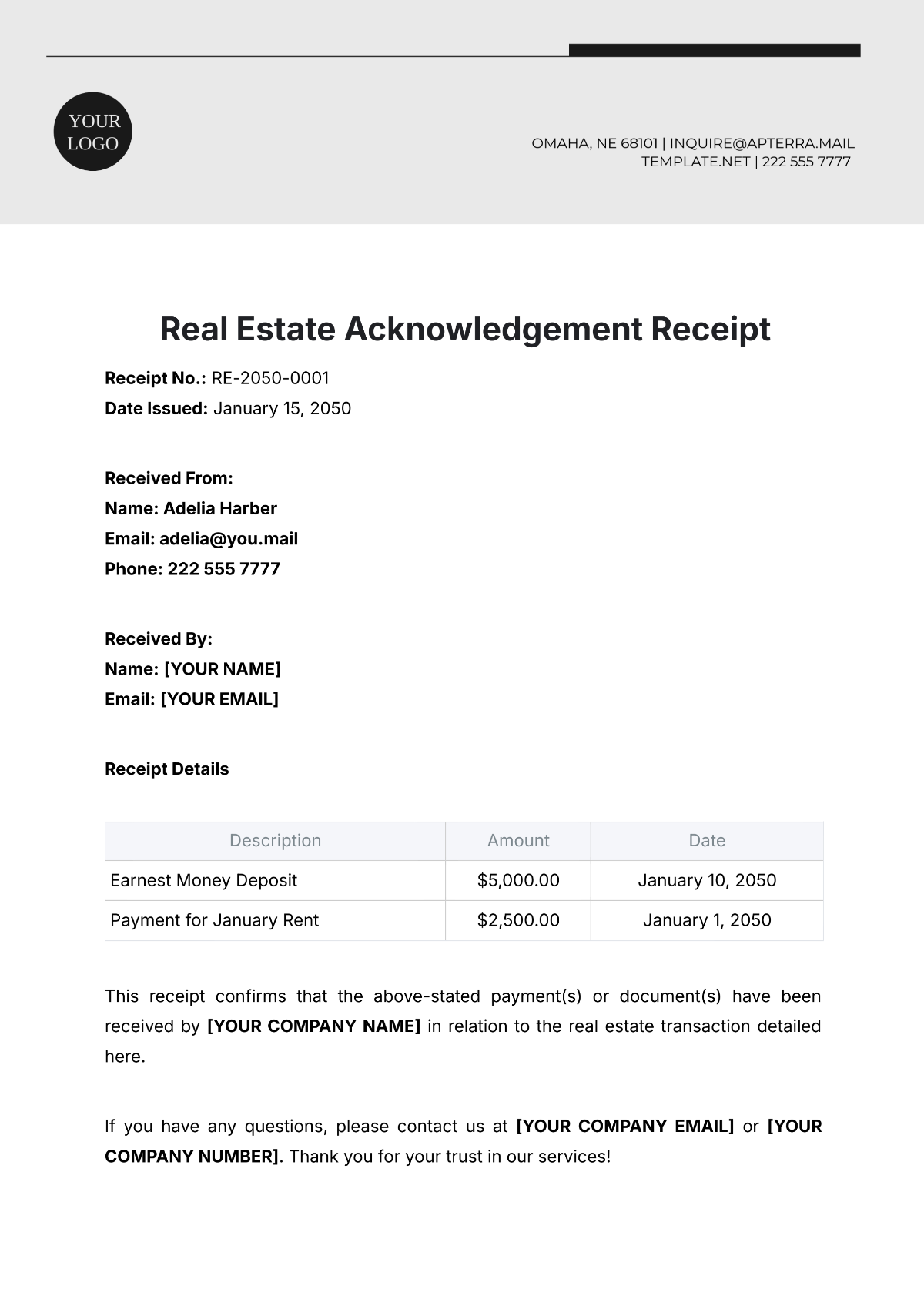 Real Estate Acknowledgement Receipt Template - Edit Online & Download