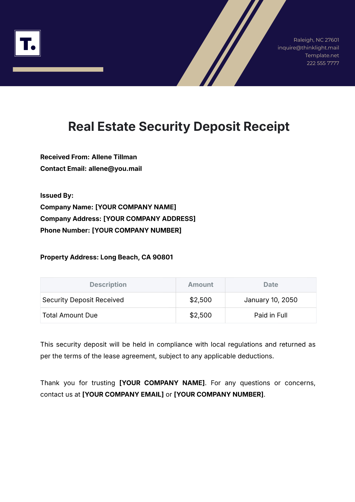 Real Estate Security Deposit Receipt Template - Edit Online & Download