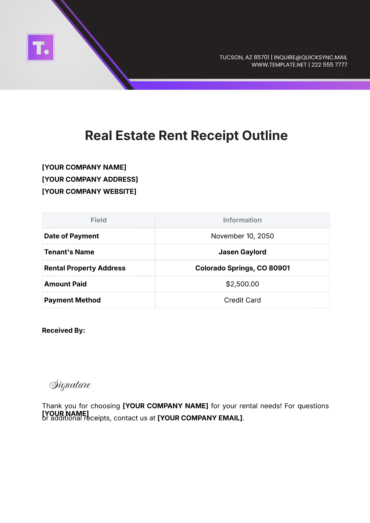 Real Estate Rent Receipt Outline Template - Edit Online & Download