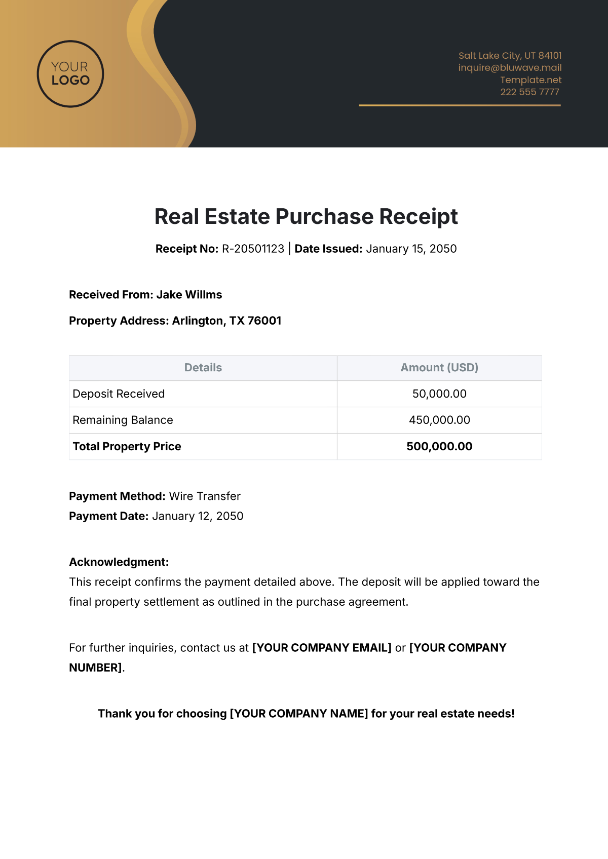 Real Estate Purchase Receipt Template - Edit Online & Download