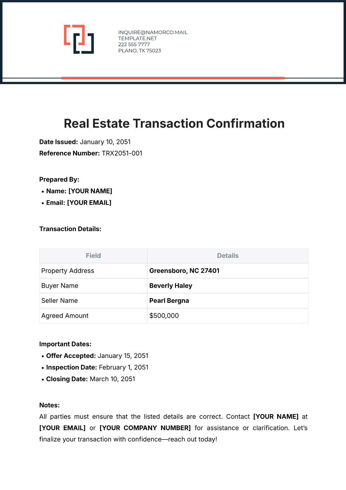 Free Real Estate Transaction Confirmation Template