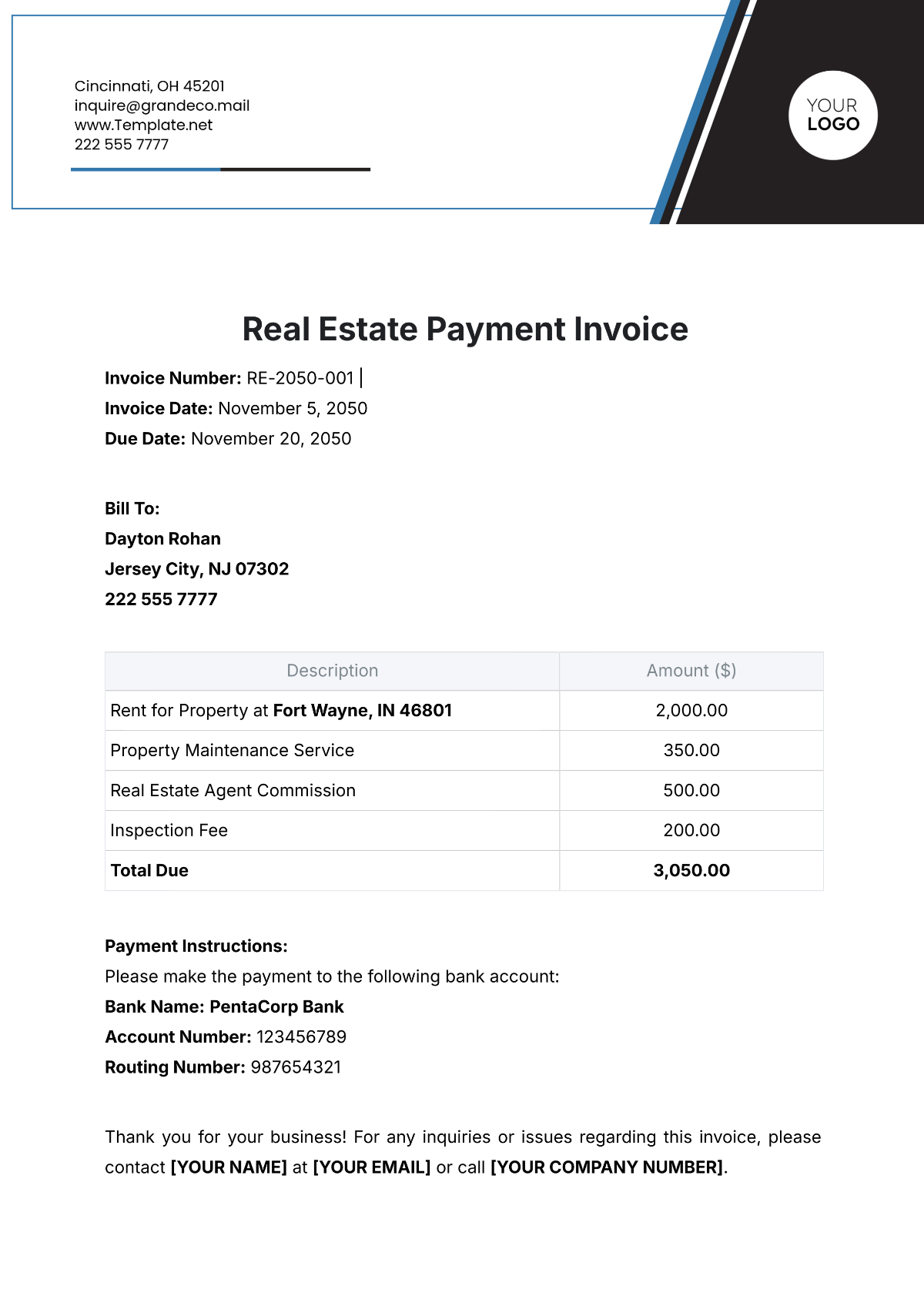 Real Estate Payment Invoice Template - Edit Online & Download