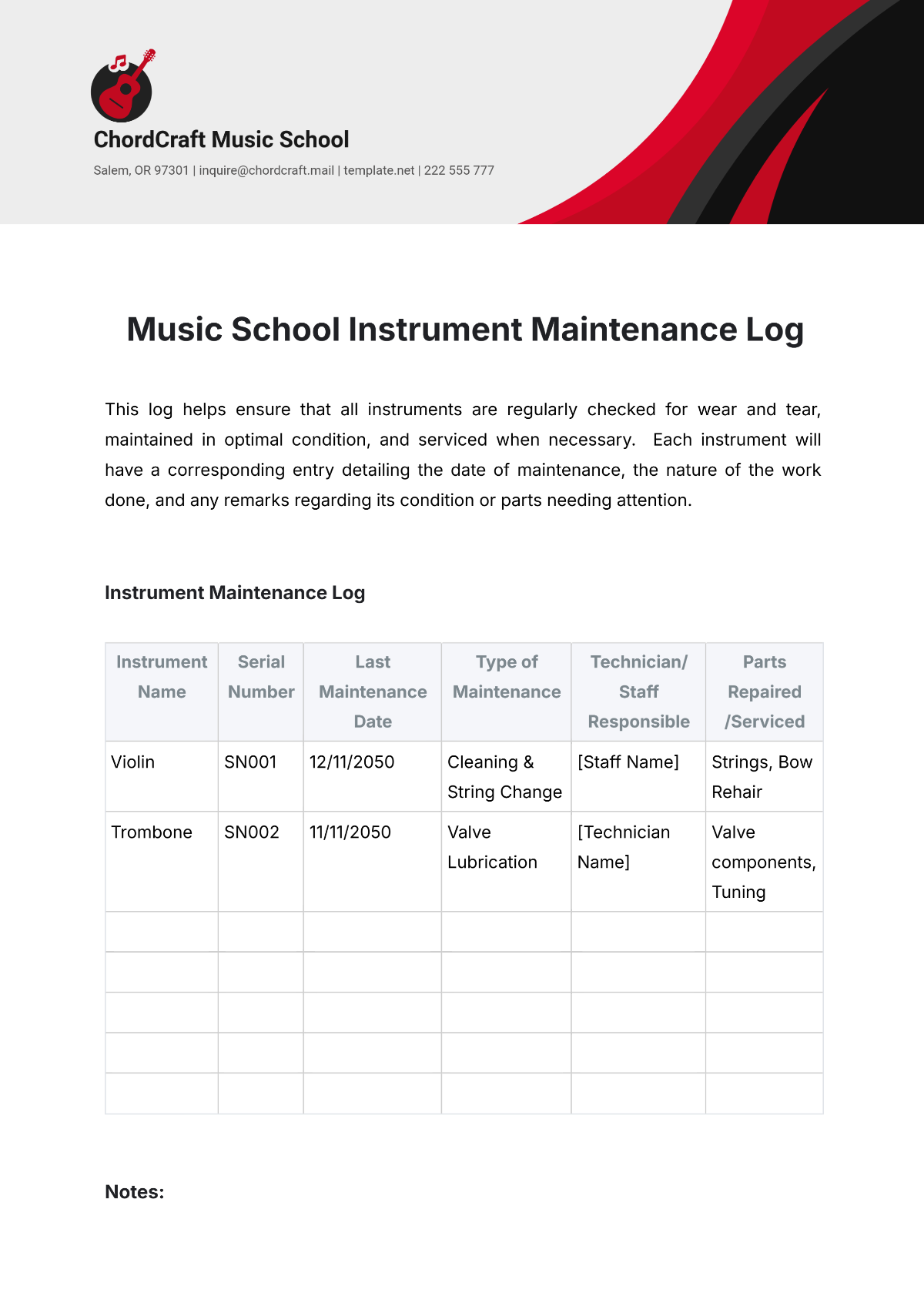 Music School Instrument Maintenance Log Template - Edit Online & Download