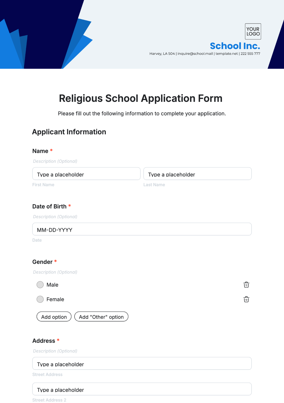 Religious School Application Form Template - Edit Online & Download