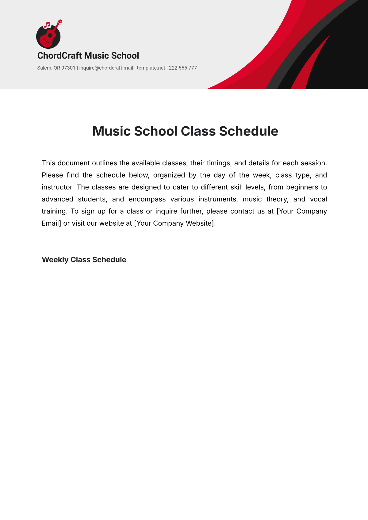 Music School Class Schedule Template - Edit Online & Download