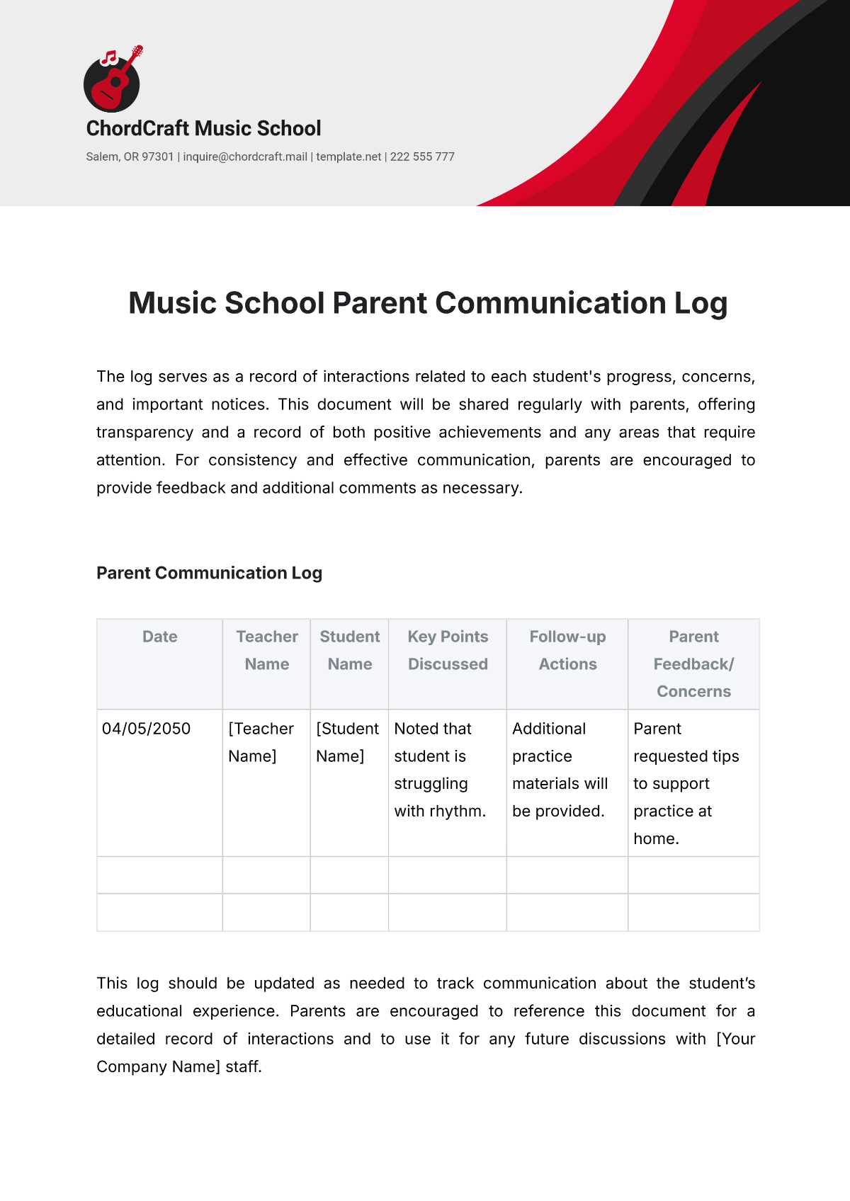 Music School Parent Communication Log Template - Edit Online & Download