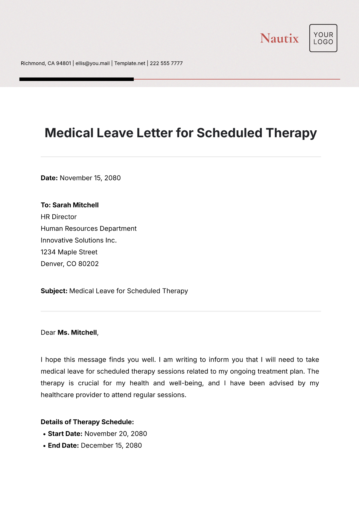 Medical Leave Letter for Scheduled Therapy Template - Edit Online & Download