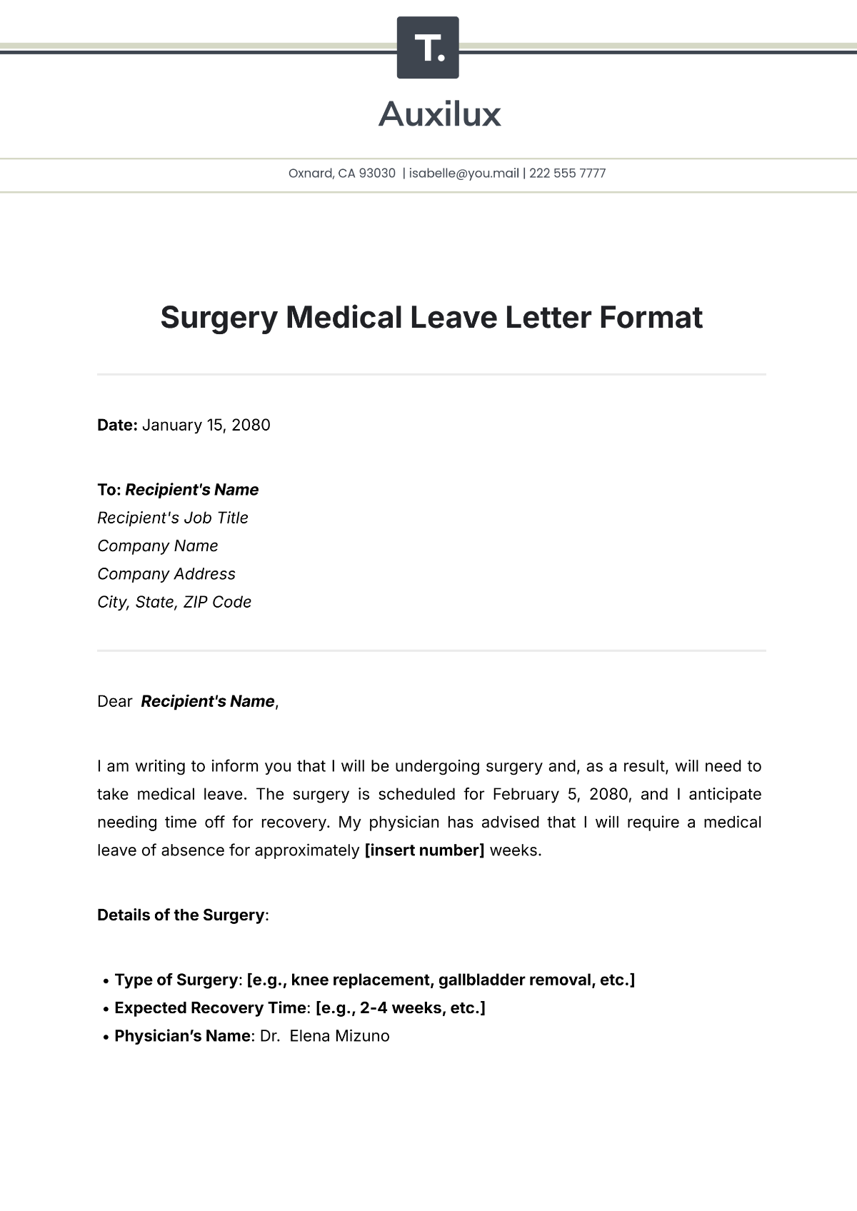 Surgery Medical Leave Letter Format  Template - Edit Online & Download