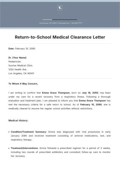 Free Return-to-School Medical Clearance Letter Template to Edit Online