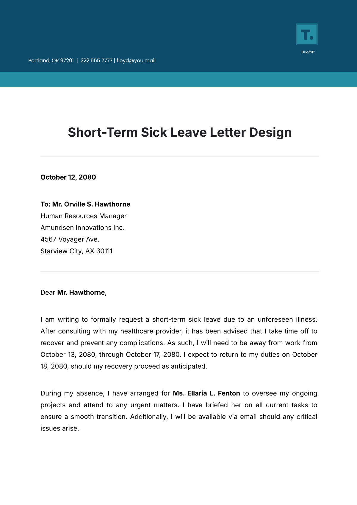 Short-Term Sick Leave Letter Design Template - Edit Online & Download