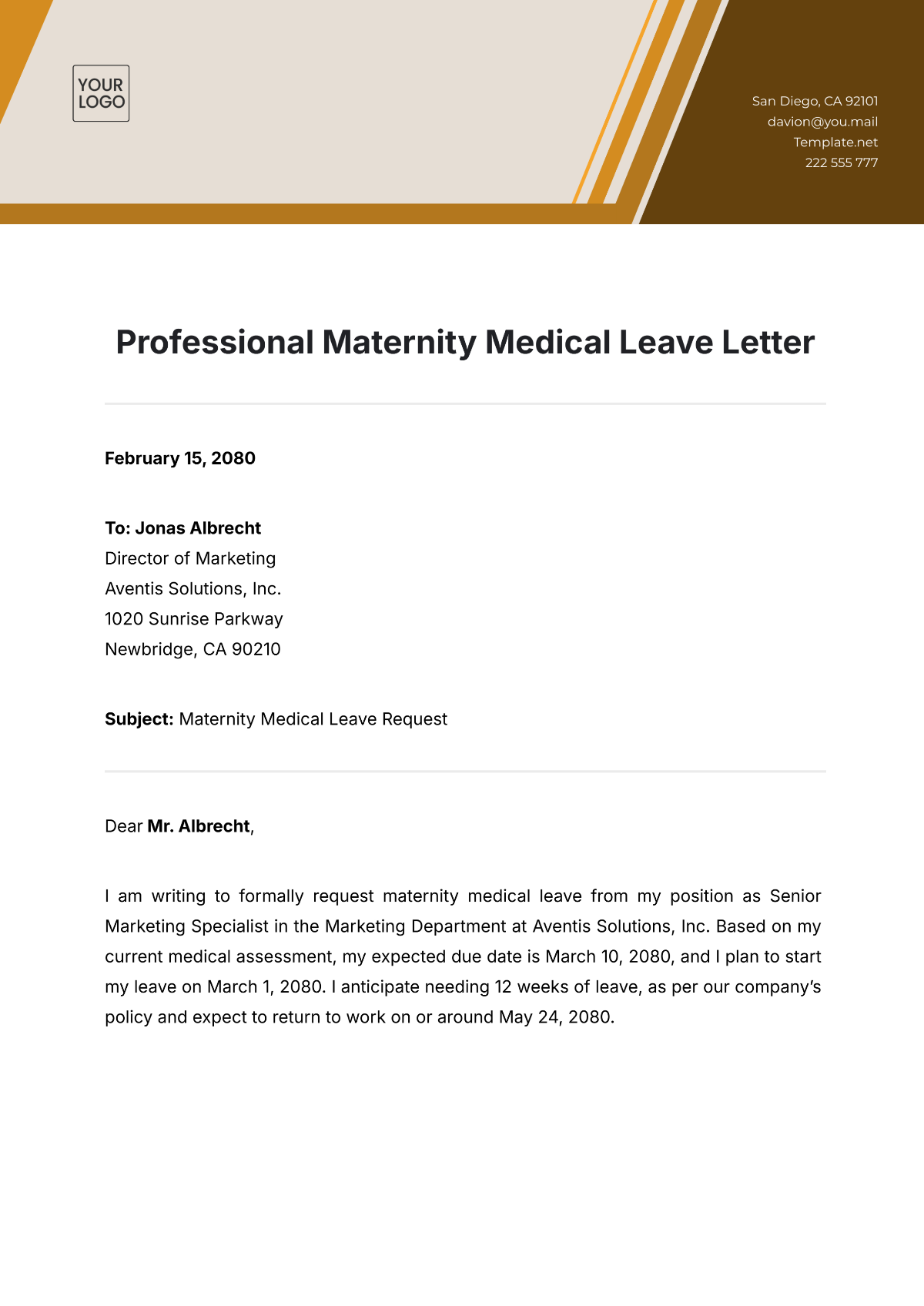 Professional Maternity Medical Leave Letter Template - Edit Online & Download