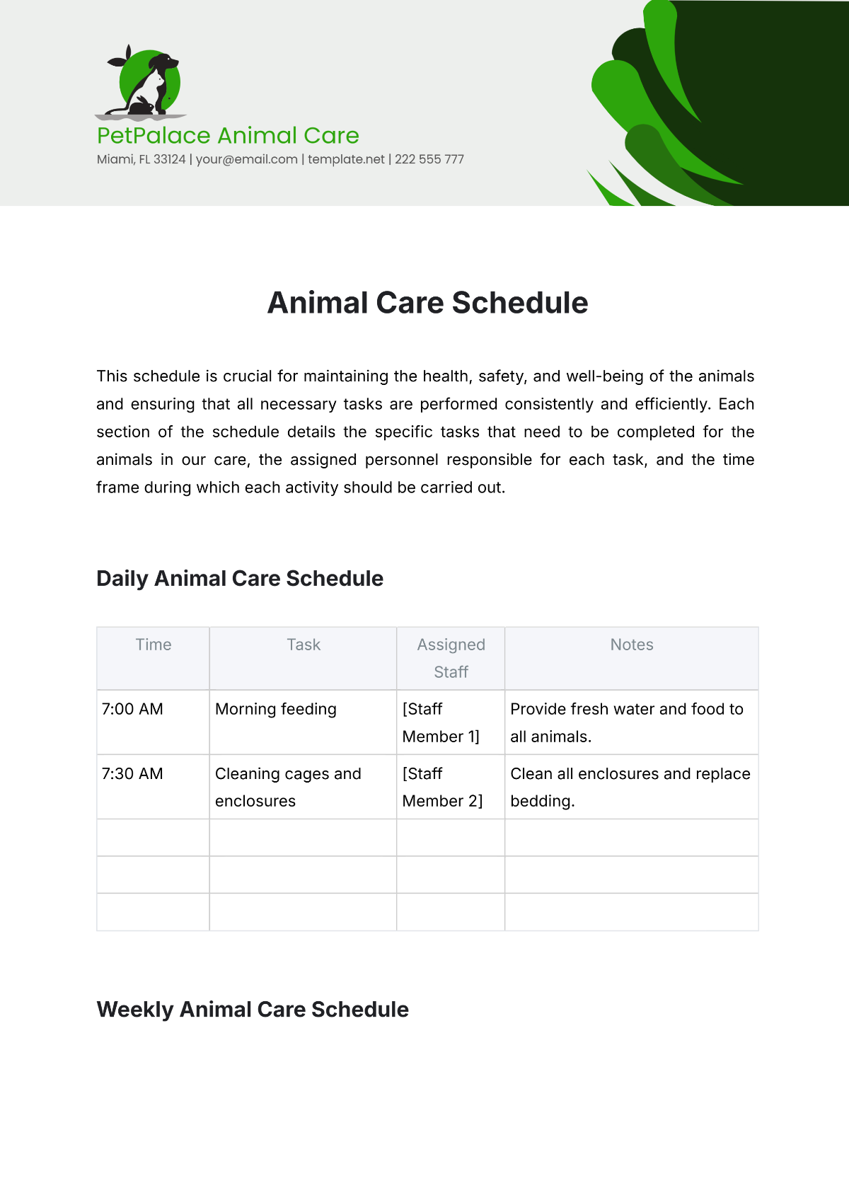 Animal Care Schedule Template - Edit Online & Download