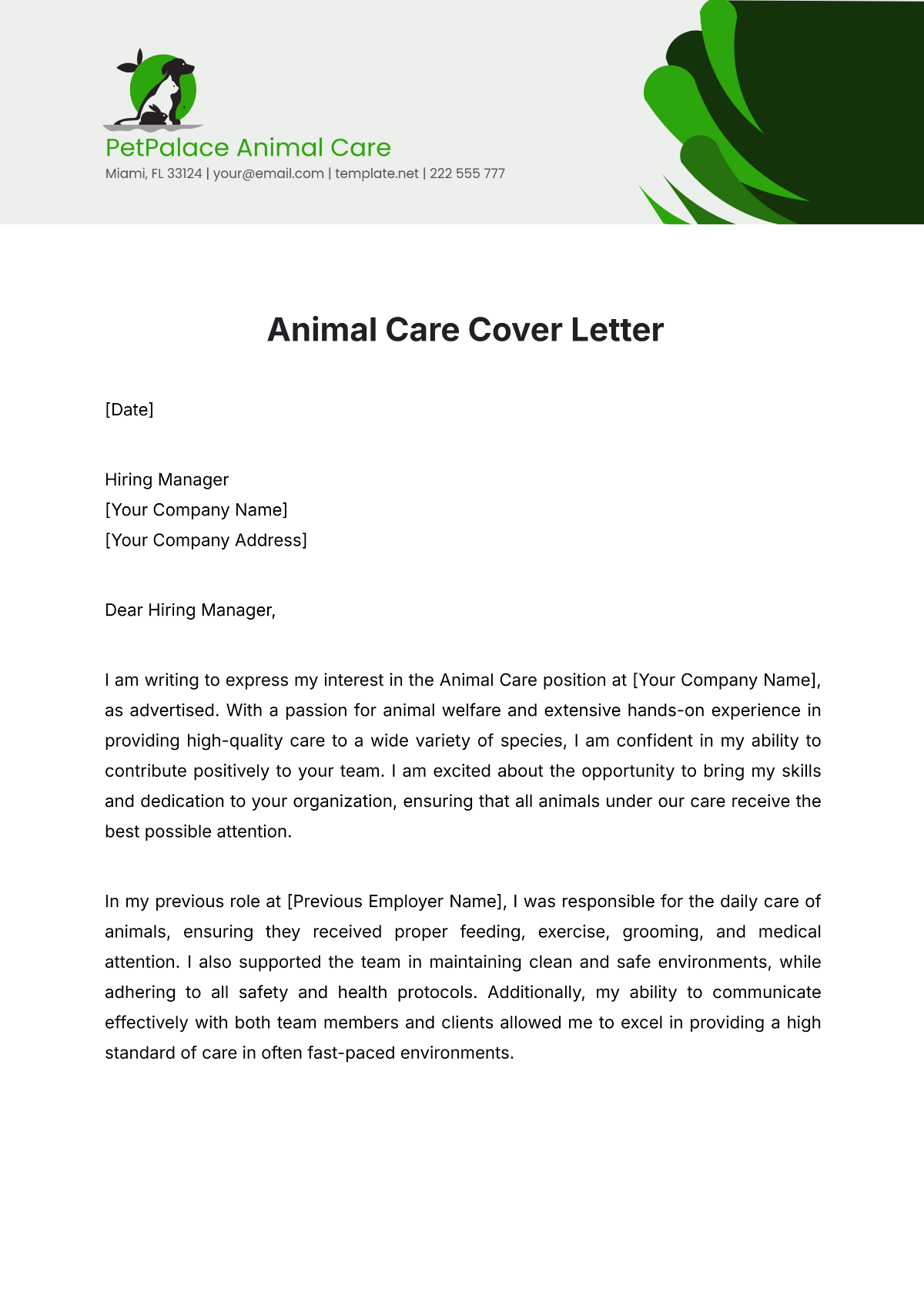 Animal Care Cover Letter Template - Edit Online & Download