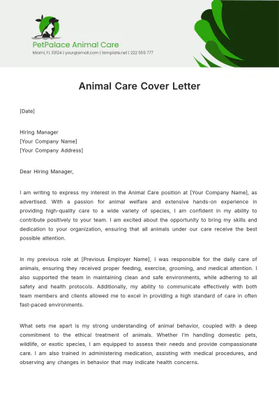Free Animal Care Cover Letter Template to Edit Online