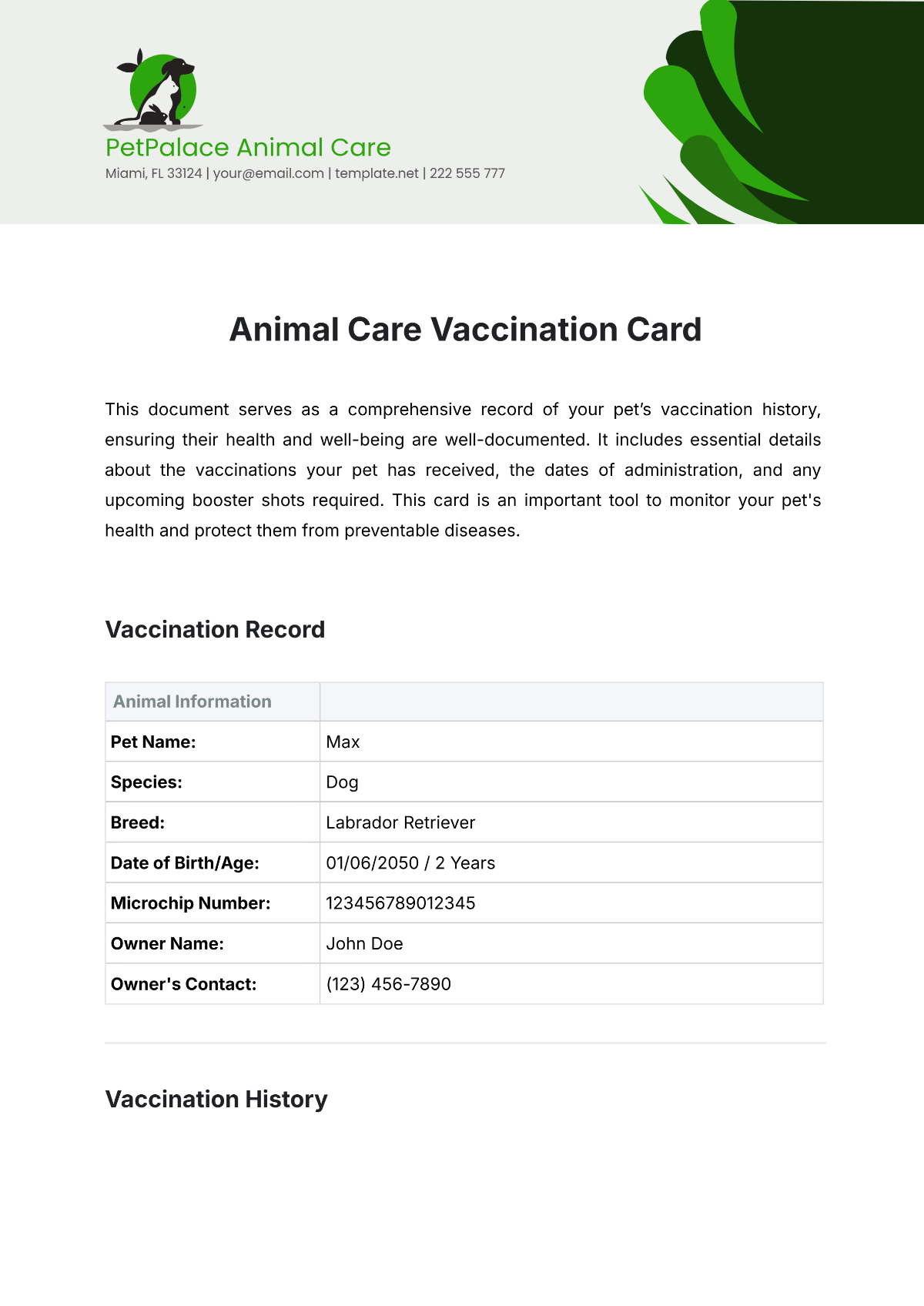 Animal Care Vaccination Card Template - Edit Online & Download