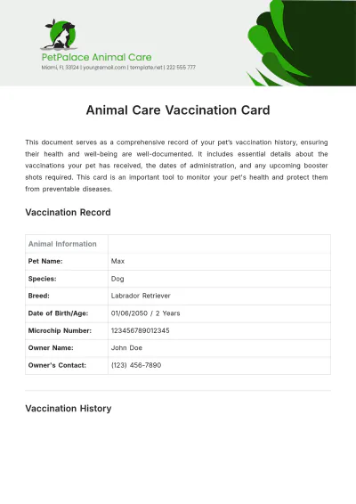 Free Animal Care Vaccination Card Template to Edit Online