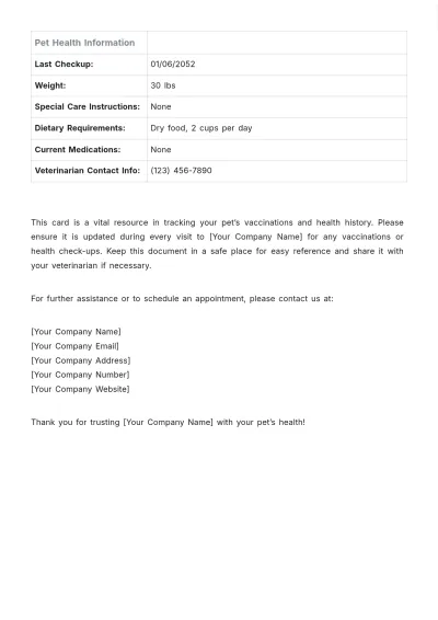 Free Animal Care Vaccination Card Template to Edit Online