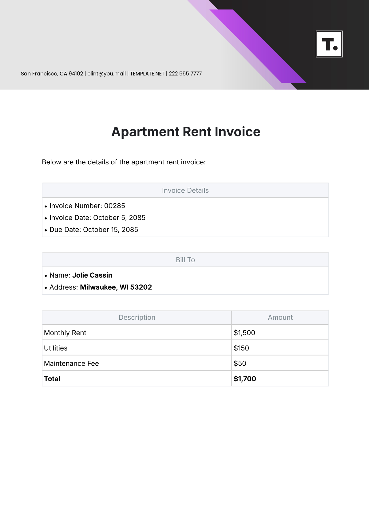 Apartment Rent Invoice Template - Edit Online & Download