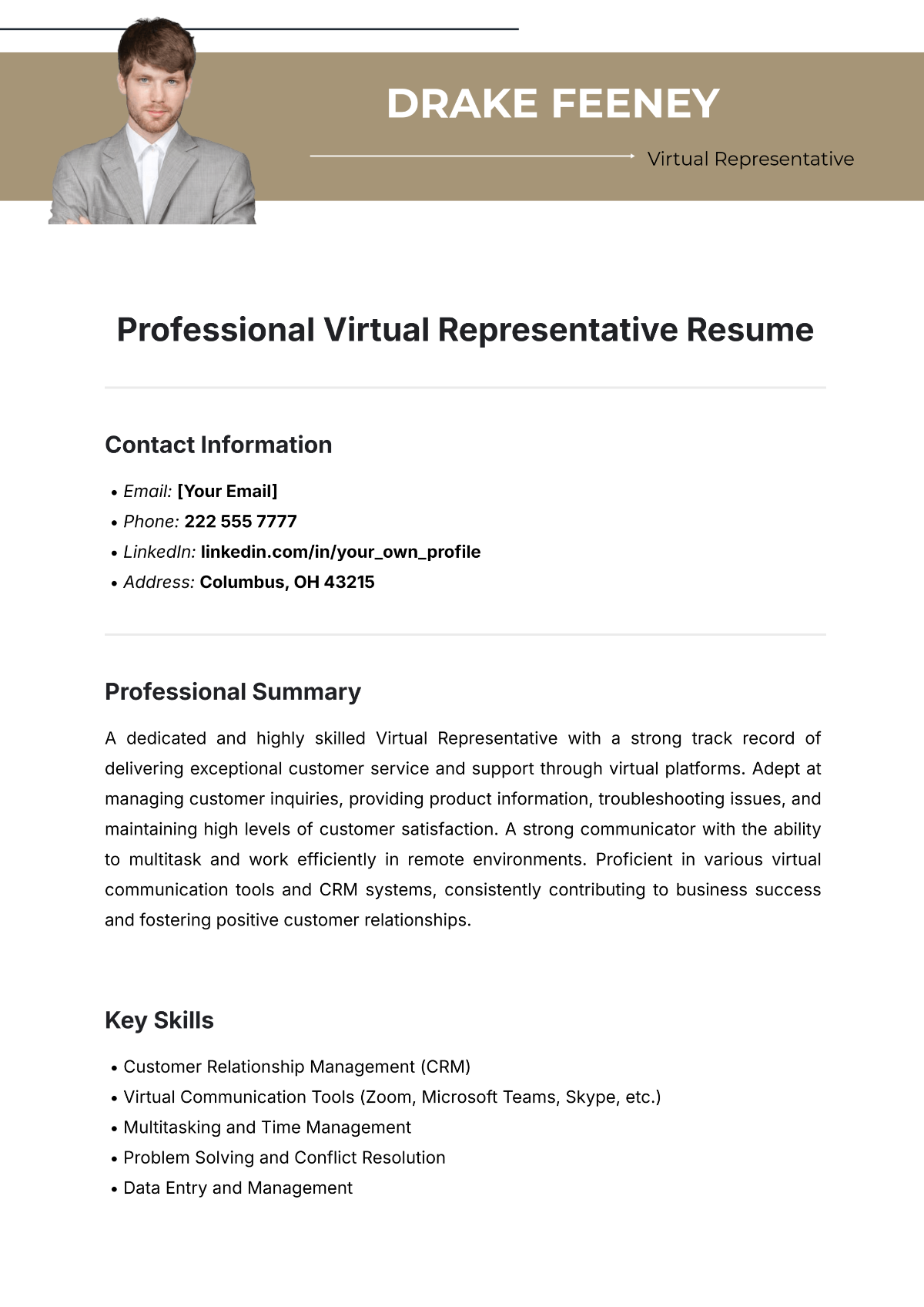 Professional Virtual Representative Resume Template - Edit Online & Download