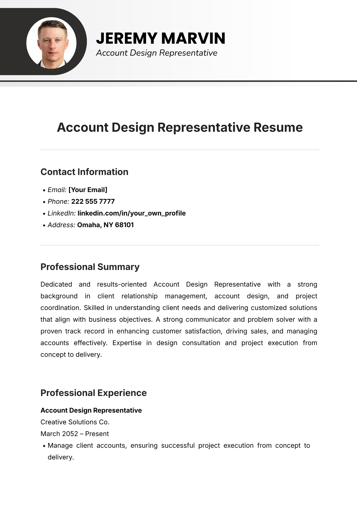 Account Design Representative Resume Template - Edit Online & Download