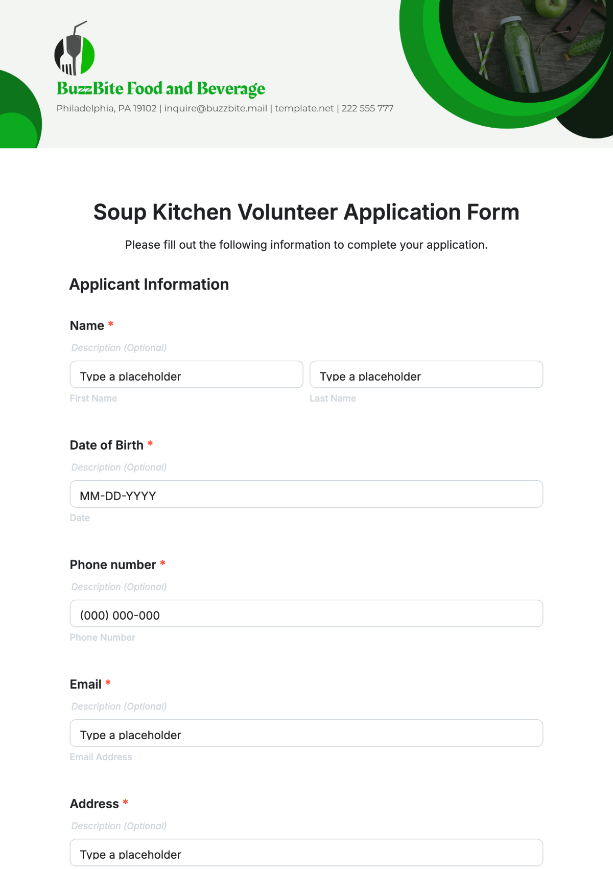 Soup Kitchen Volunteer Application Form Template - Edit Online & Download