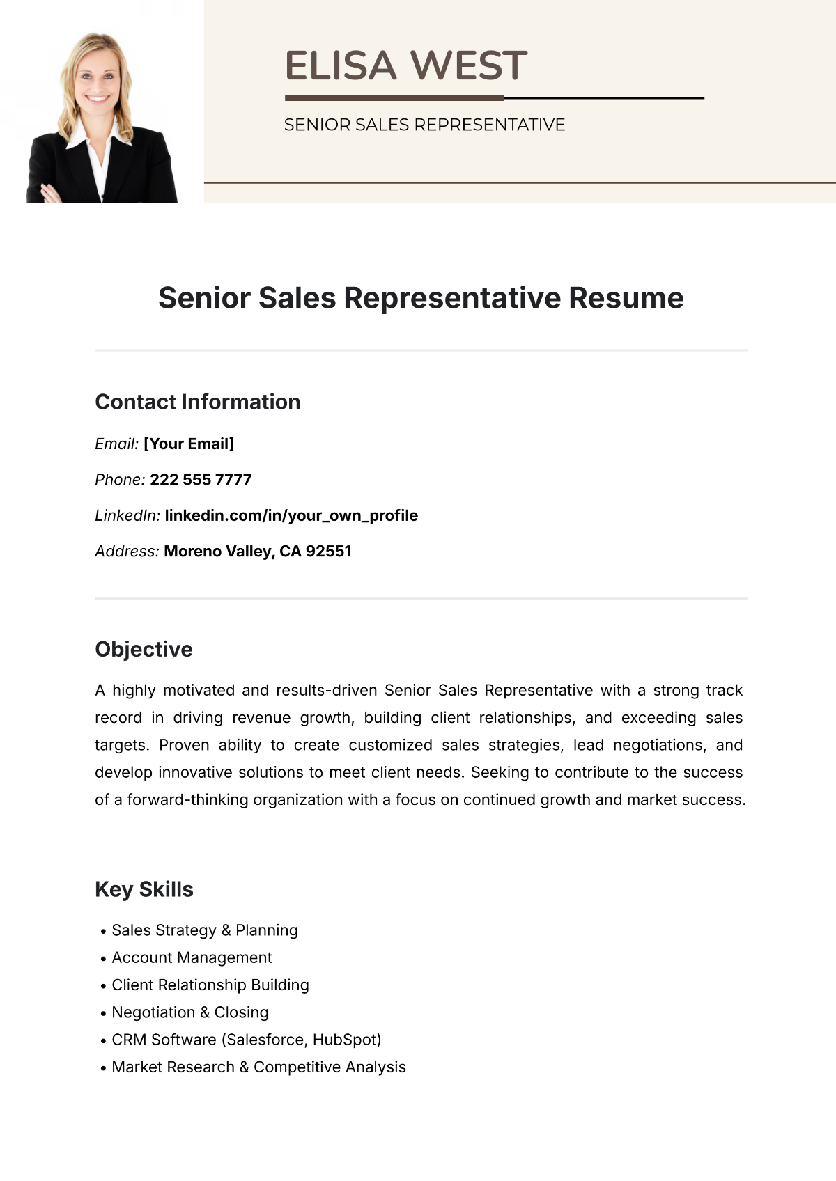 Senior Sales Representative Resume Template - Edit Online & Download