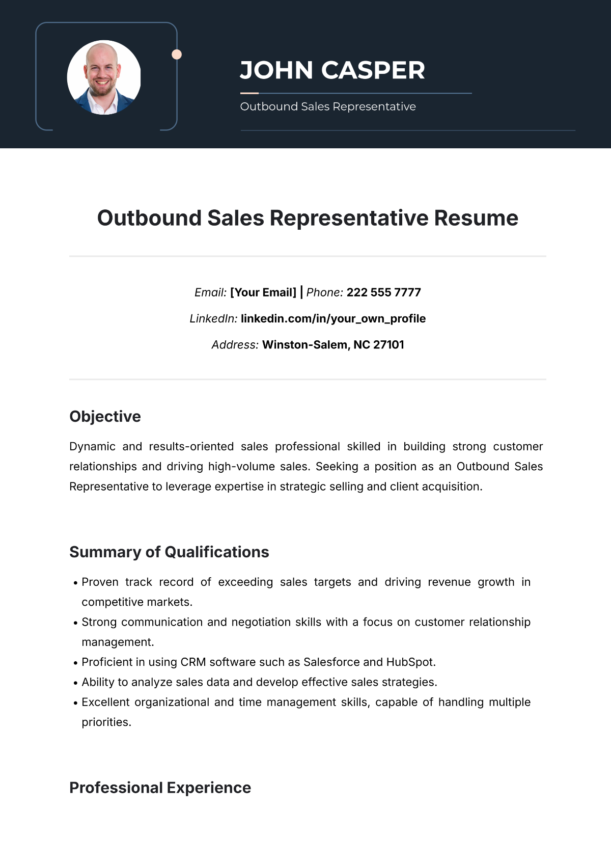 Outbound Sales Representative Resume Template - Edit Online & Download