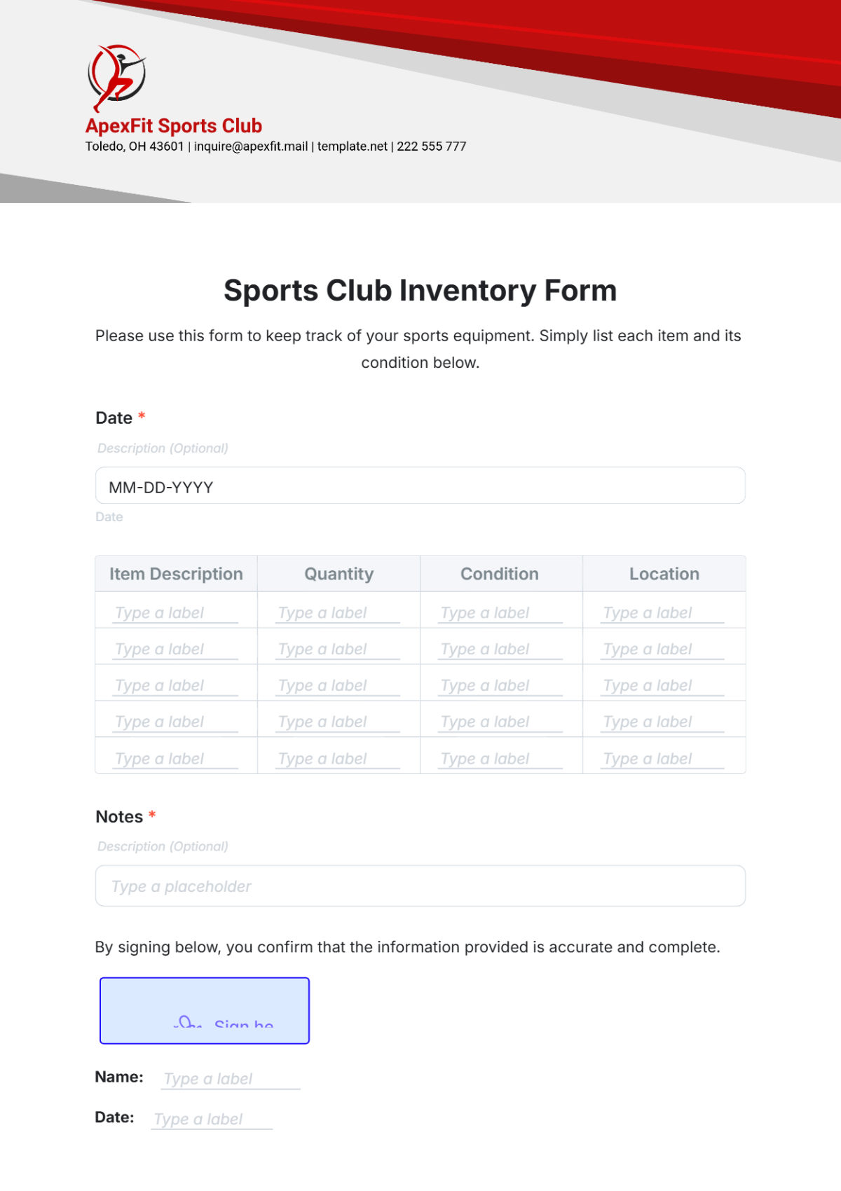 Sports Club Inventory Form Template - Edit Online & Download