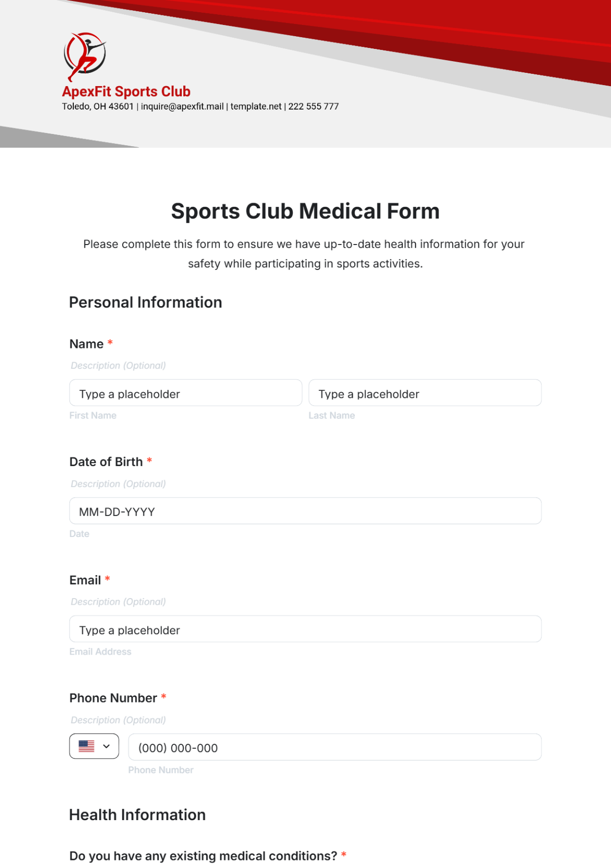 Sports Club Medical Form Template - Edit Online & Download