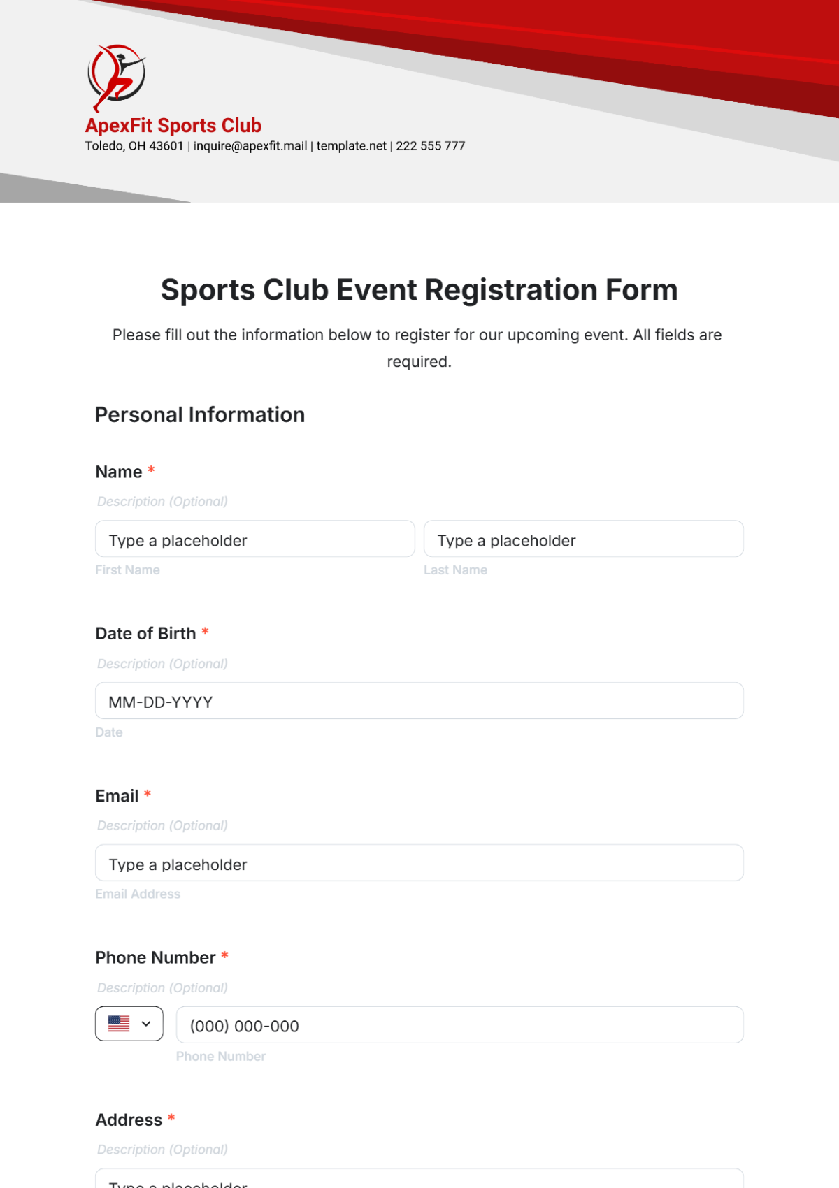 Sports Club Event Registration Form Template - Edit Online & Download