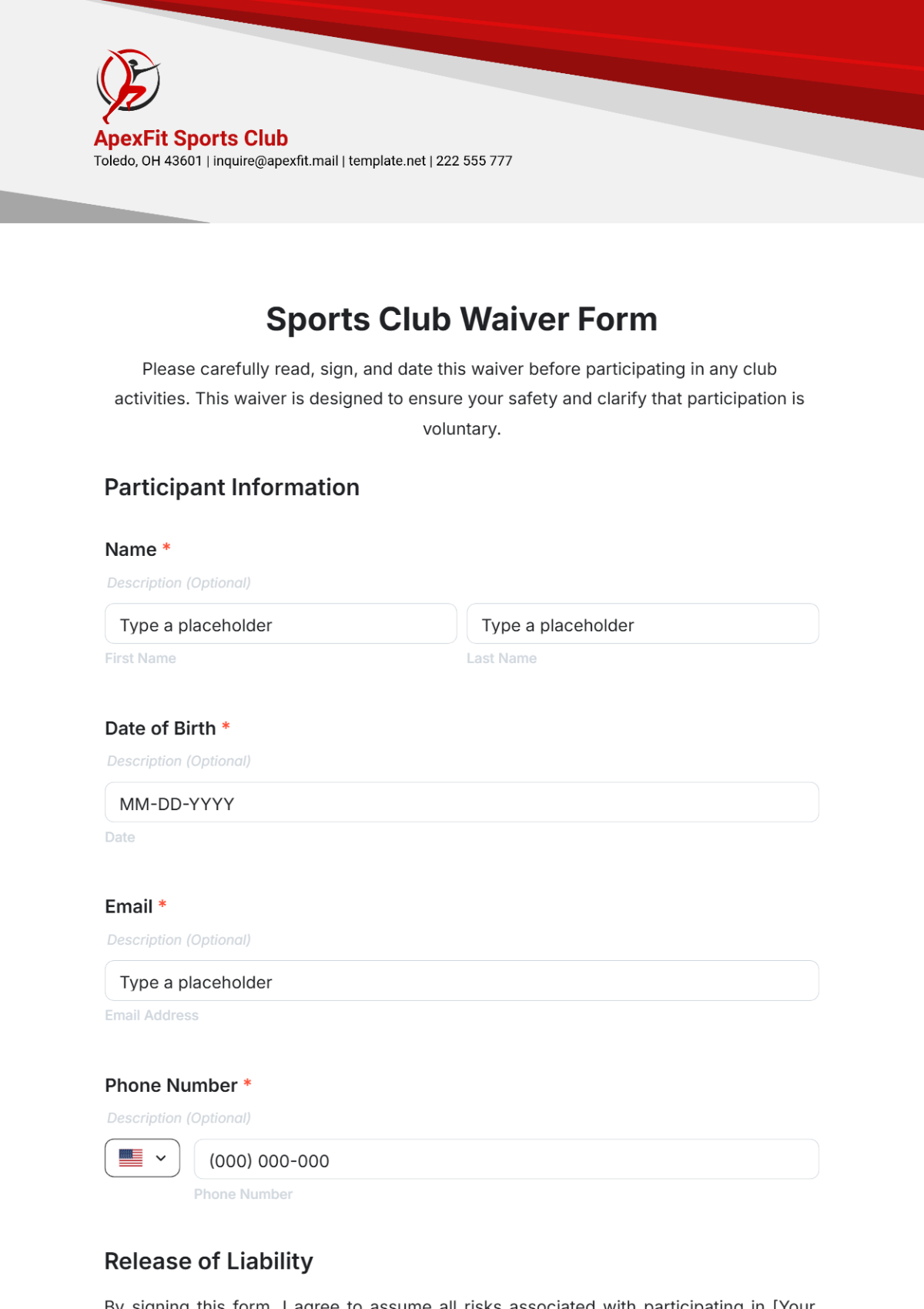 Sports Club Waiver Form Template - Edit Online & Download