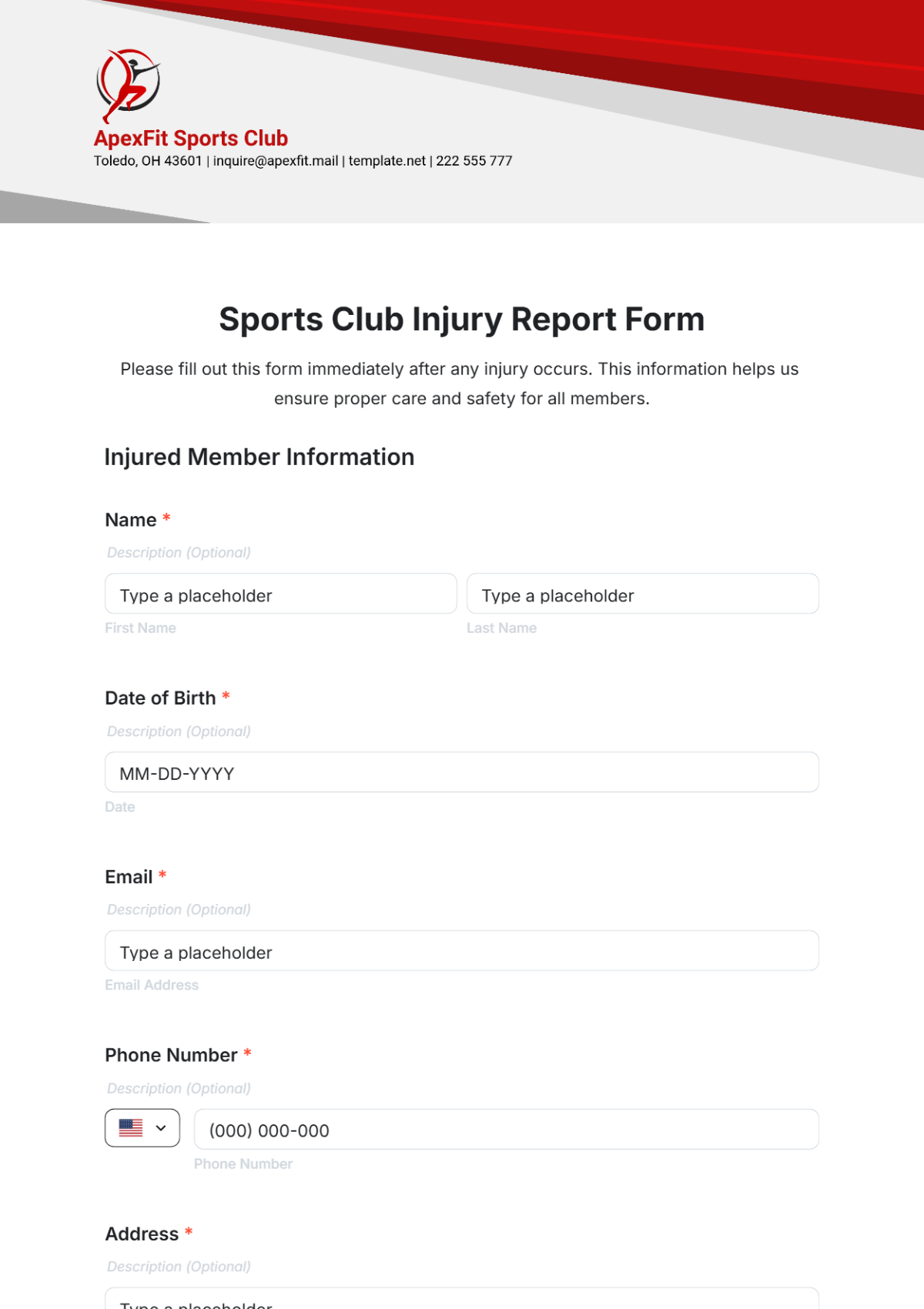 Sports Club Injury Report Form Template - Edit Online & Download