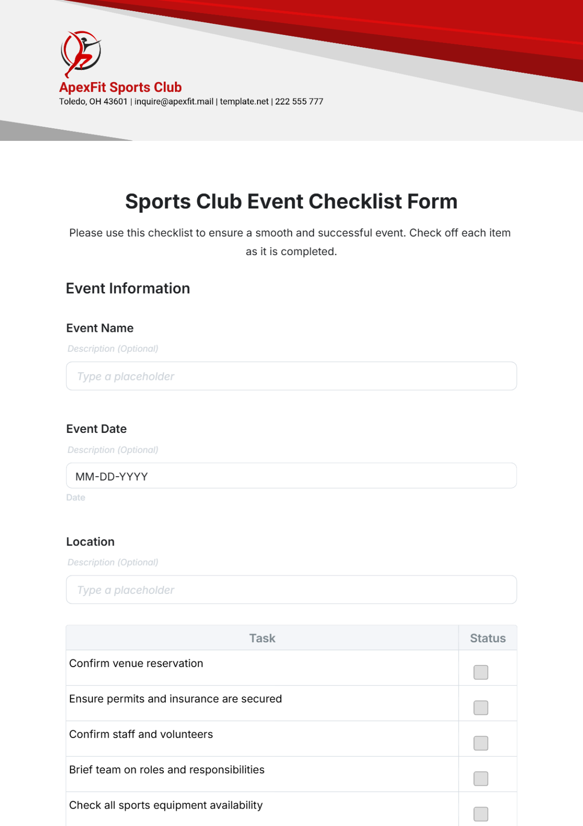 Sports Club Event Checklist Form Template - Edit Online & Download