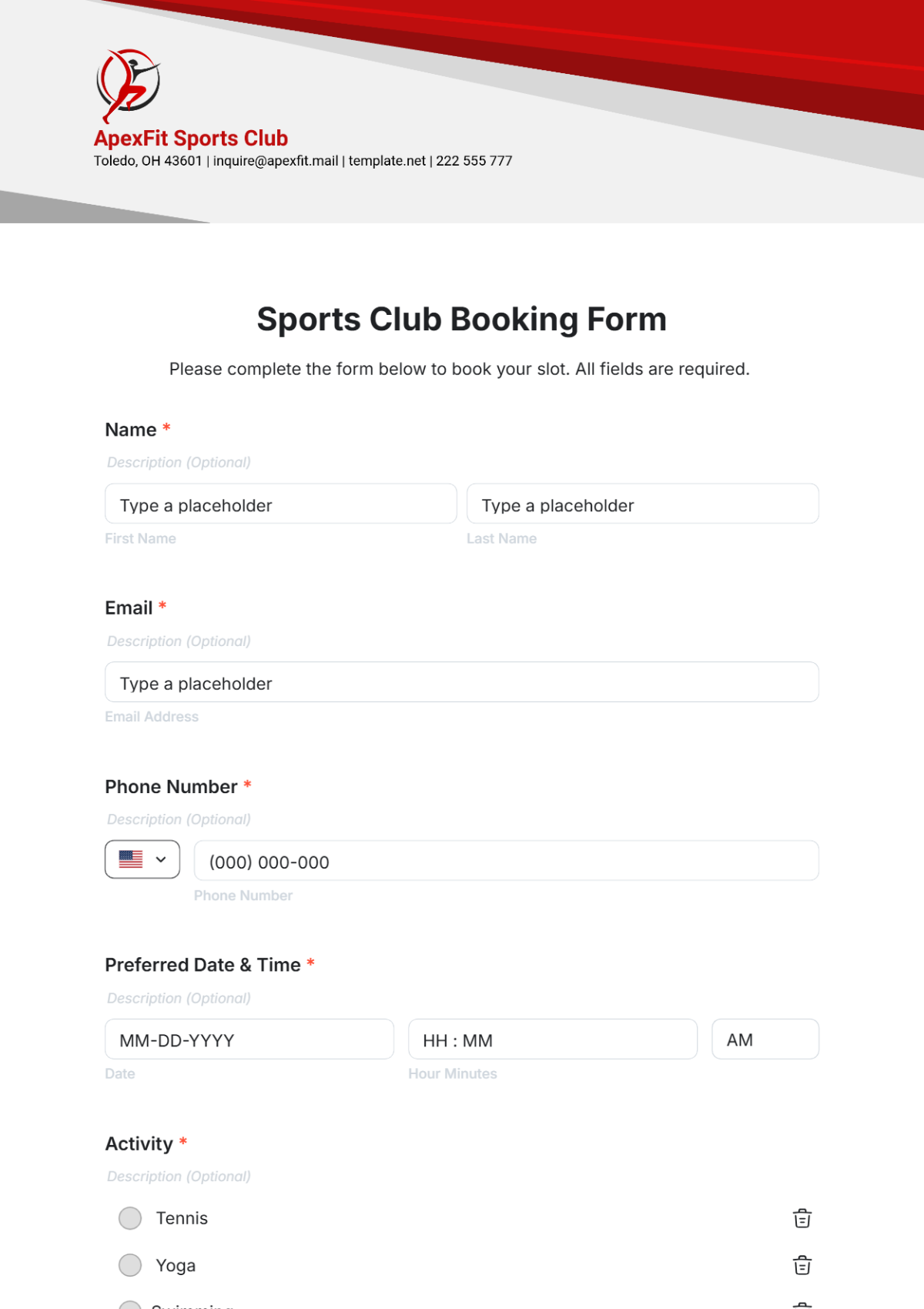 Sports Club Booking Form Template - Edit Online & Download