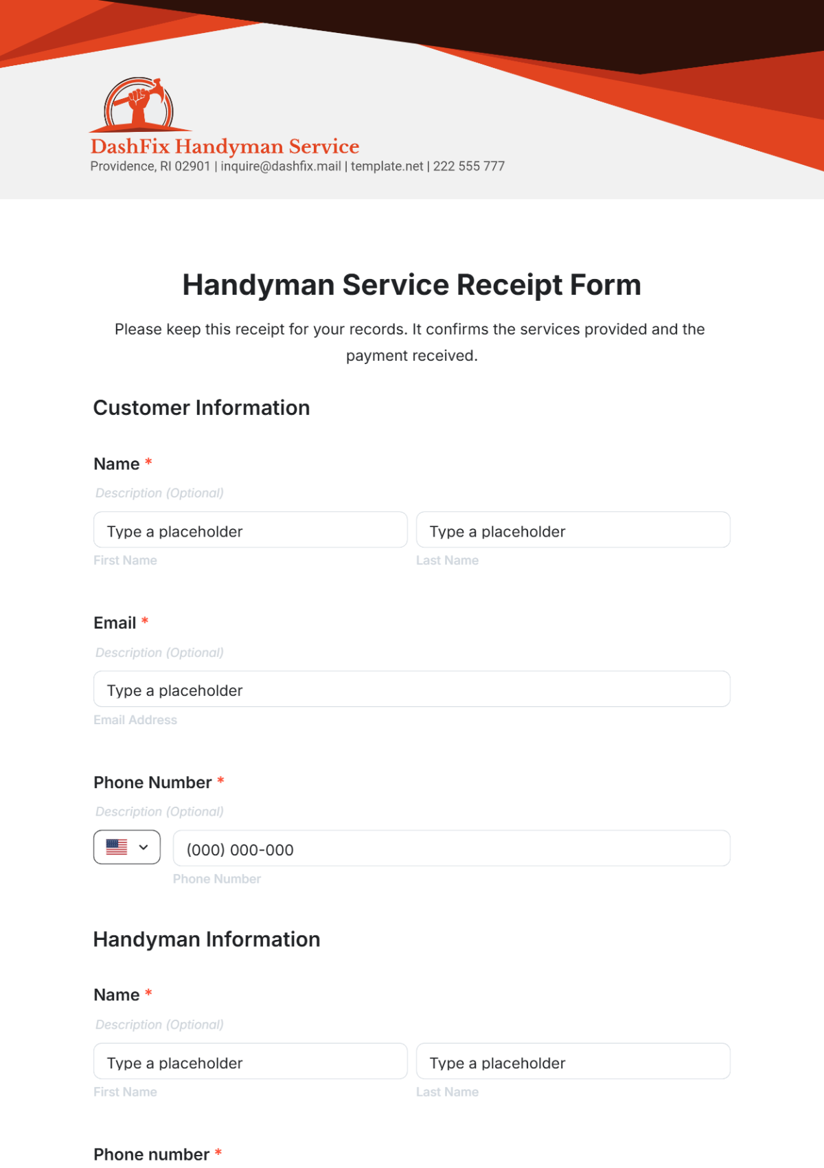 Handyman Service Receipt Form Template - Edit Online & Download